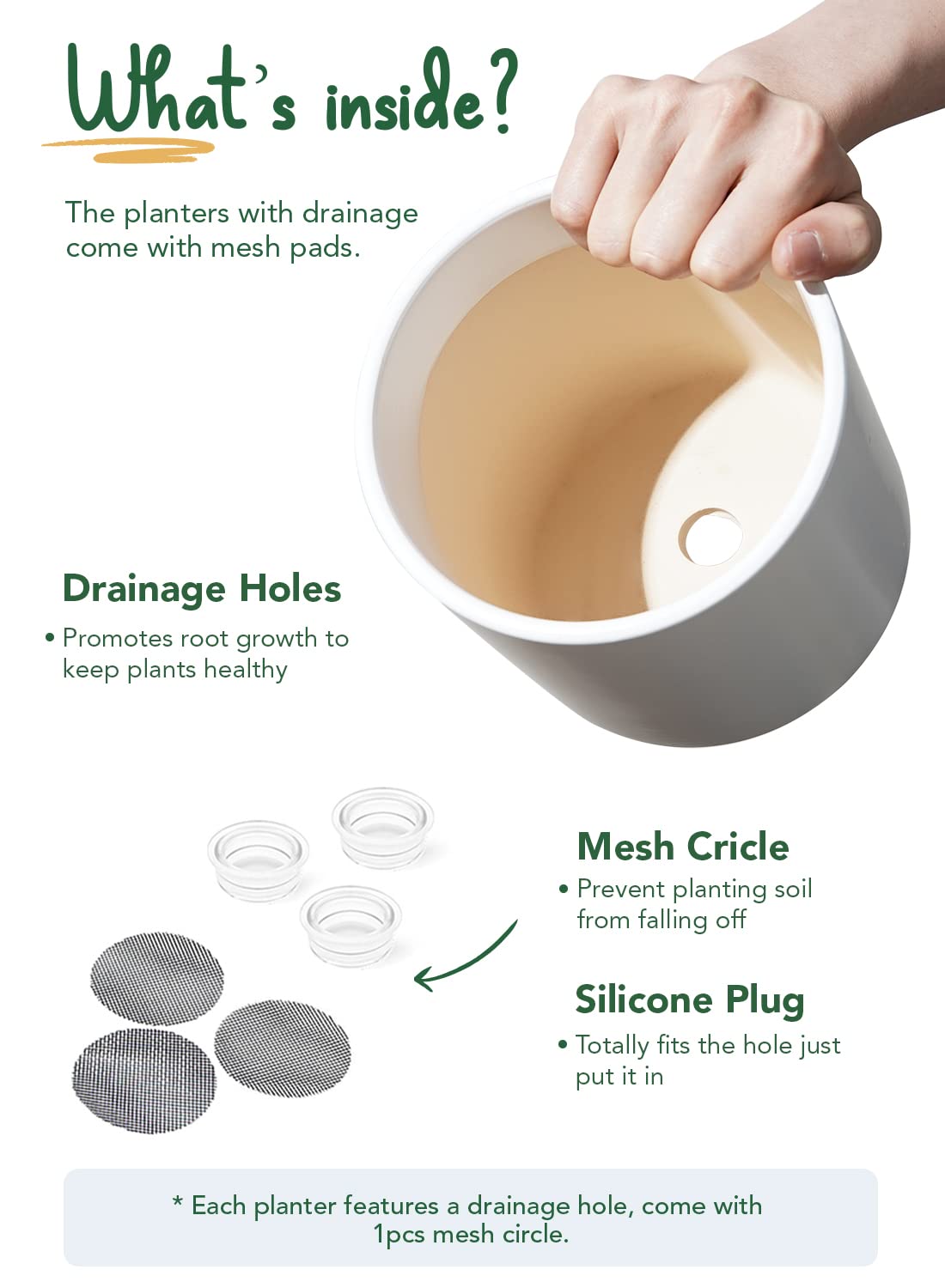 LE TAUCI Ceramic Pots for Plants, 10/8/6 Inch Indoor Planters with Draiange Hole, Silicone Plug & Mesh Pad, Modern Minimalist Pots for Home Office, Set of 3, Satin, White