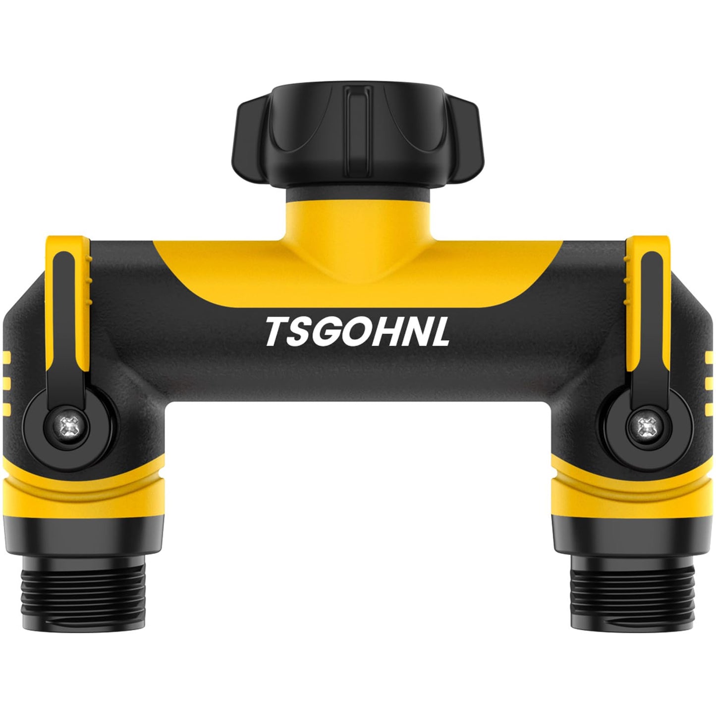 2 Way Garden Hose Splitter, 3/4 Inch Outdoor Faucet Splitter, Hose Manifold with Independent Shut Off Valves, Wide Spacing for Hose Timers, Sprinklers, Lawn, Yard and Garden Watering - yellow