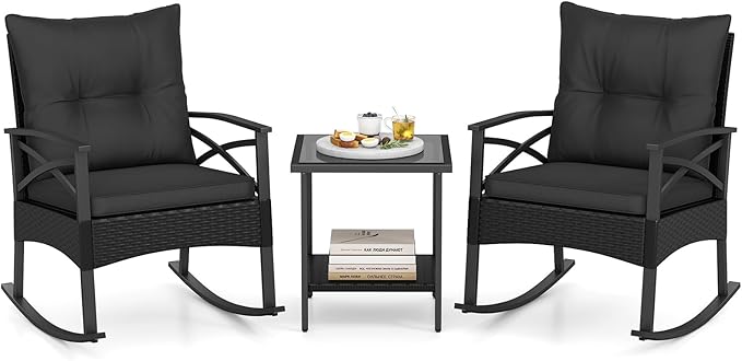 Tangkula 3 Pieces Outdoor Rocking Chairs Set, Rattan Heavy Duty Cushioned