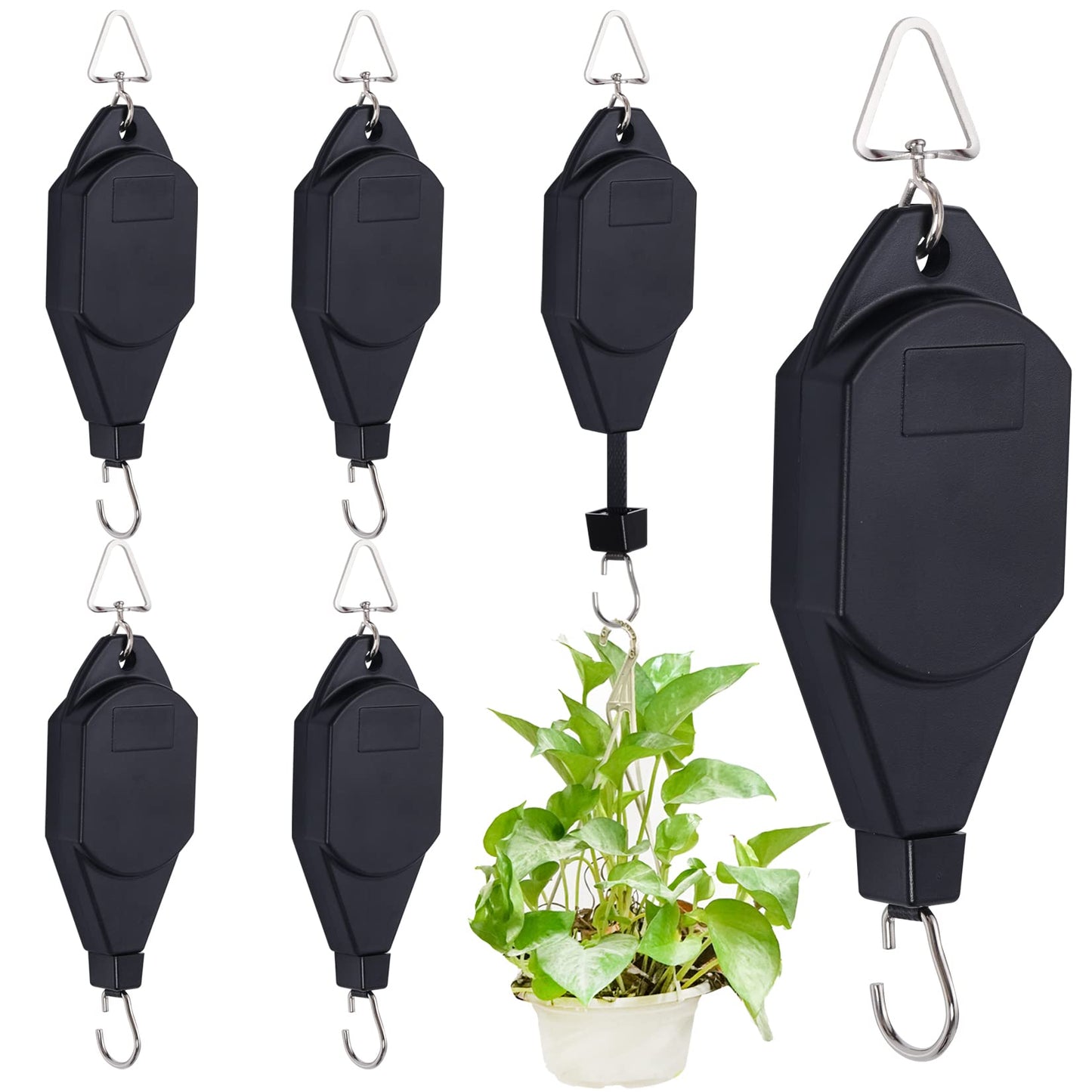 SUMERSHA 6 Pack Plant Pulley Hanger Retractable Plant Hanging Basket Hooks Adjustable Rope Heavy Duty Plant Hanging Pulleys for Garden Baskets Pots, Black