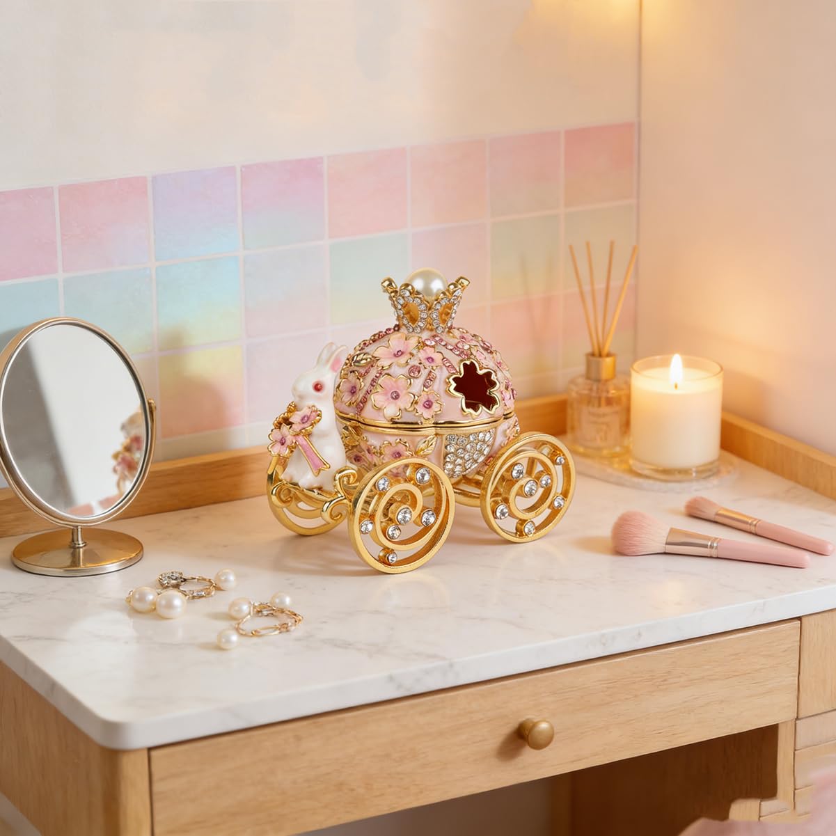 FASSLINO Bunny Pumpkin Carriage with Flowers Jewelry Trinket Box Hinged Hand-Painted Enamel Ornaments Gift for Home Decor (Pink)