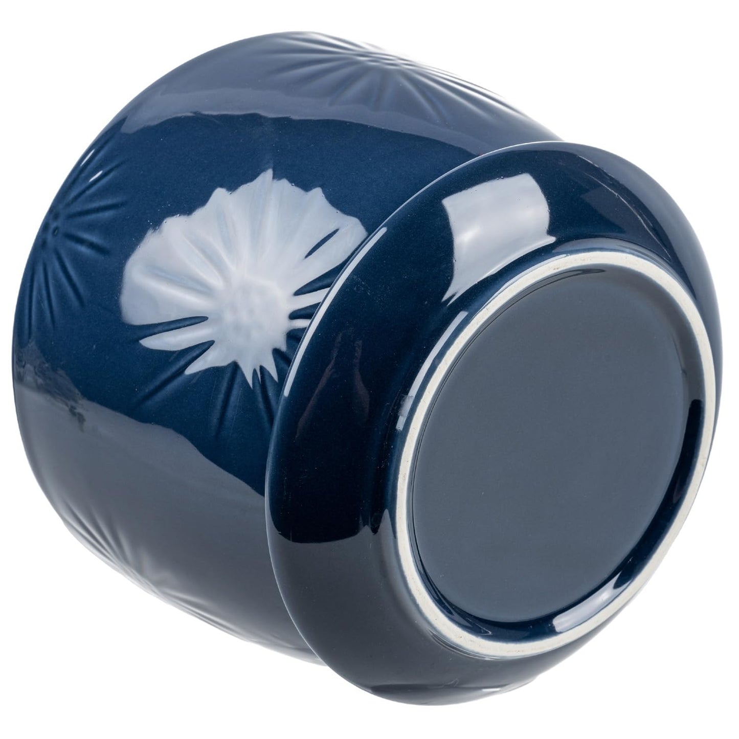 MyGift 7 Inch Round Blue Ceramic Plant Pot with Drainage Hole and Attached Saucer, Modern Decorative Embossed Sunburst Planter Container for Indoor Home Garden