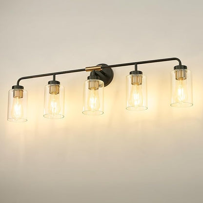 zeyu 36.5 Inch Modern Vanity Lights Over Mirror with Clear Glass Shade, 5-Light Bathroom Light Fixtures for Bathroom, Bedroom, Hallway, Black and Gold Finish, ZS62B-5W BK+BG