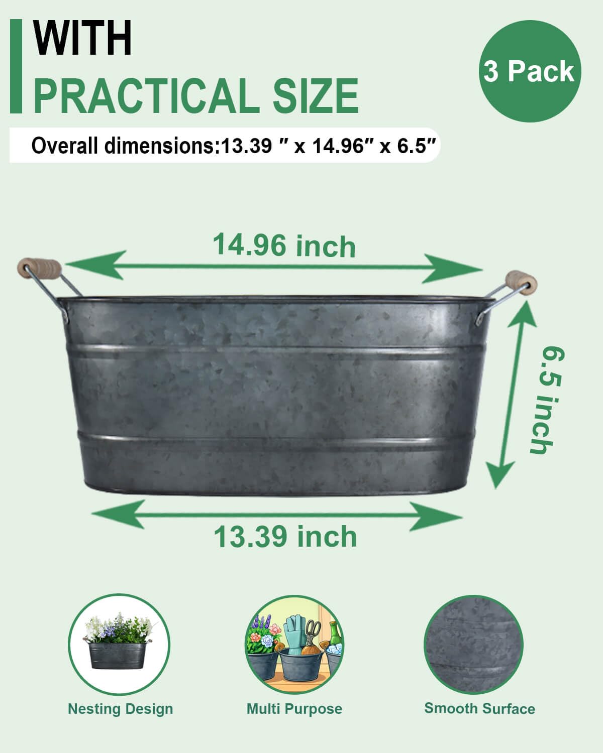 15 Inch Galvanized Planters for Outdoor Plants - 3 Pcs Rustic Large Metal Flower Buckets with Drainage & Plug, Farmhouse Style Oval Containers with Handles, Great for Home Decor, Galvanized Black