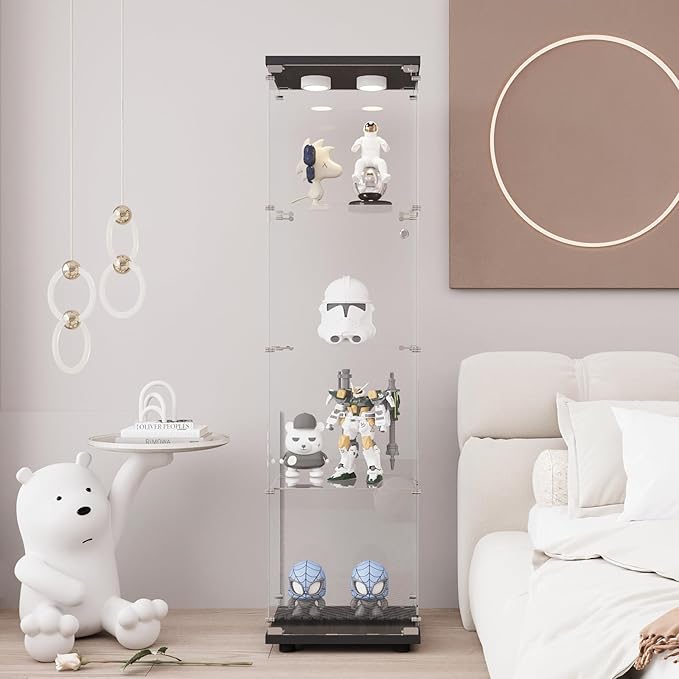 Glass Display Cabinet with LED Light and Lock, 4-Shelf Fast Installation Curio