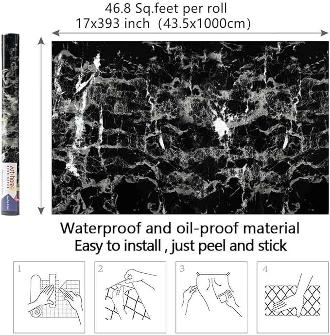 Arthome Black Marble Contact Paper, 15.7"x393" Self Adhesive Wallpaper
