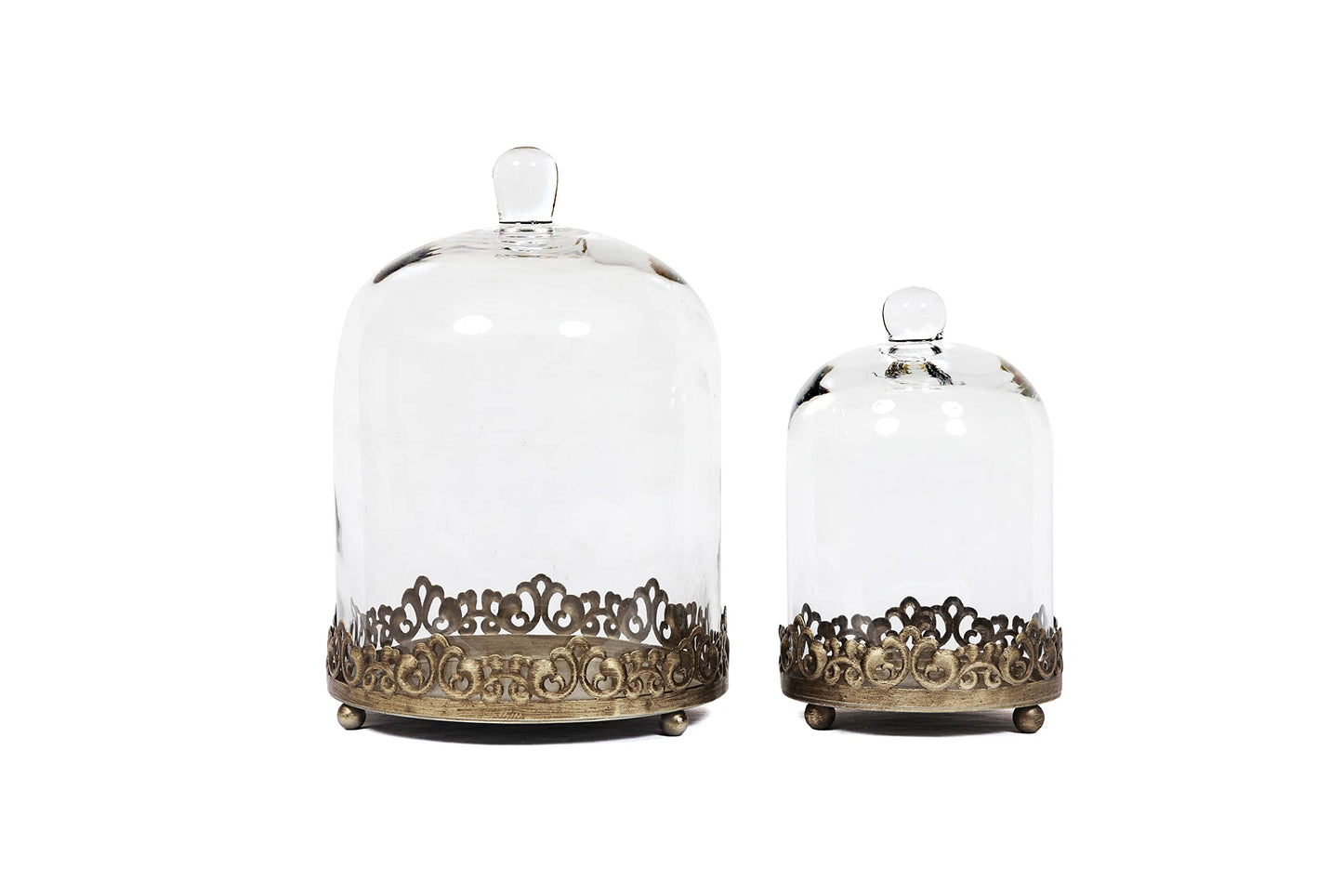 12" Tall Large Sturdy Handmade Glass Cloche Dome with Metal Base 11.4" H x 8" and 8" H x 5.5" in Set of 2 in Gold for Plant, Terrarium, Collectibles, Candle. Cloche Glass Dome, Bell Jar Display Case
