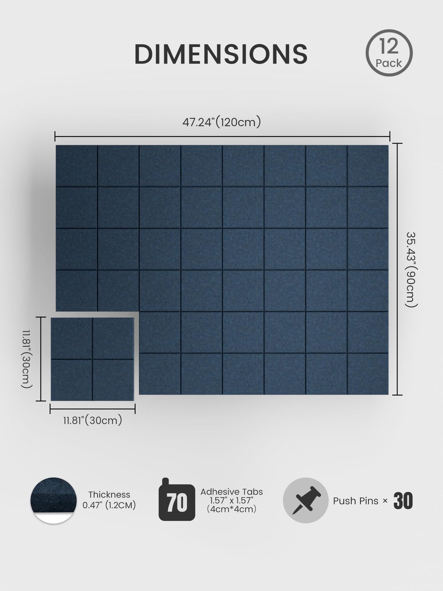 Bumusty Large Felt Bulletin Board, 48" x 36" Cork Board Alternative, 12-Pack Wall Tiles with 4-Compartment Design, 30 Push Pins, 70 Adhesive Tabs, Ideal for Office & Home Decor, Navy Blue