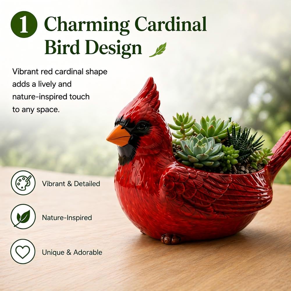 Cardinal Bird Succulent Planter, Red Resin Decorative Flower Pot with Drainage Hole, Cute Bird Plant Pot for Indoor Outdoor Plants, Animal Planter for Desk, Garden, Windowsill, Home Decor Gift (Red)