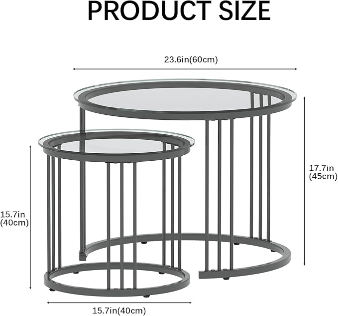 Garden 4 you Nesting Coffee Table, 23.6" Round Coffee Table Set of 2, Glass