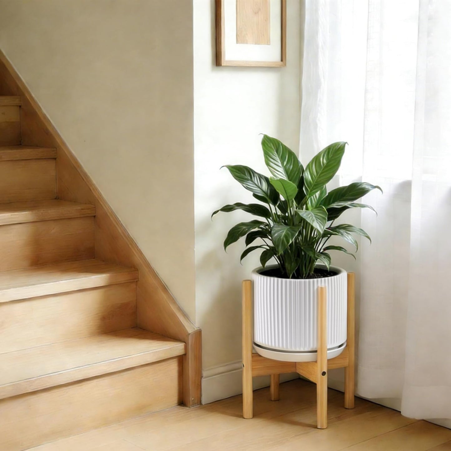Ceramic-Flower-Pots-Sets-with-Saucer, 5/6/8 inch Small Planters for Indoor Plants with Drainage Hole, White Vertical Stripe Plant Pots for Home Decor, Outdoor Garden Pot For Succulent Cactus Herb