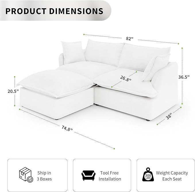 Waterproof Cloud Couch, 2 Seat L Shape Stain Resistant Modular Sectional Couch