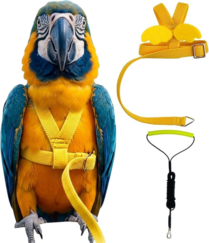 Adjustable Bird Harness with Elastic Leash, Pet Parrot Harness and Leash, Adjustable Training Design Anti-Bite, Bird Nylon Rope with Cute Wing for Conure (Yellow,Macaw)