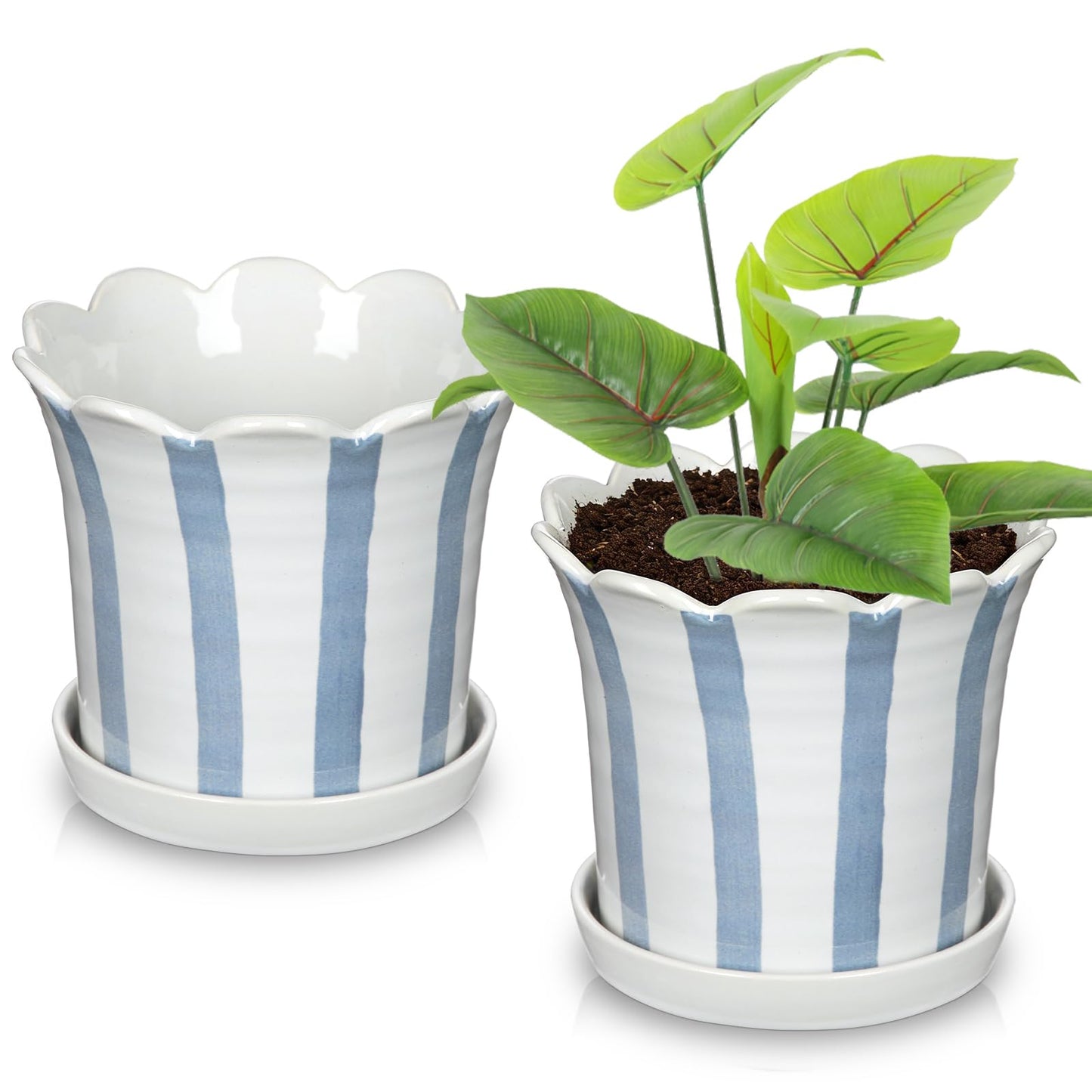 Nature Crafted Ceramic Plant Pots, 5.8 Inch Planter Pot with Drainage Hole and Sauser, Stripe Ceramic Planters with Floral Edge for Indoor Succulent Flower Orchid Plants Home Room, Blue