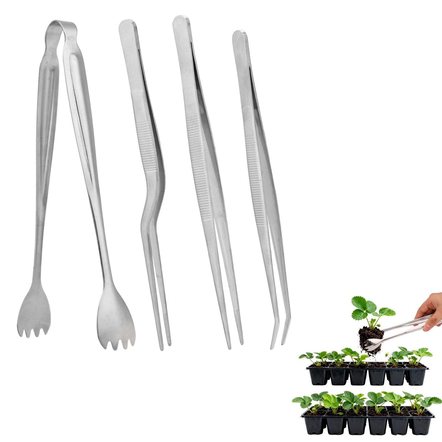 Seedling Transplant Tong & 3pcs Tweezers Set, Stainless Steel Long Thin Seed Starter Seedling Transplanting Pliers Gardening Planting Tool Stuffer Supplies for Plant Lowering Root Damage (Silver)