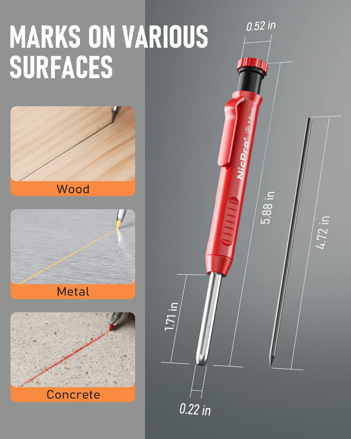 Nicpro 18 Pack Carpenter Pencil Set with Sharpener, Mechanical Carpenter Pencils with 76 Refills and Carbide Scribe Tool, Deep Hole Marker, Heavy Duty Construction Pencil for Architect-With Case