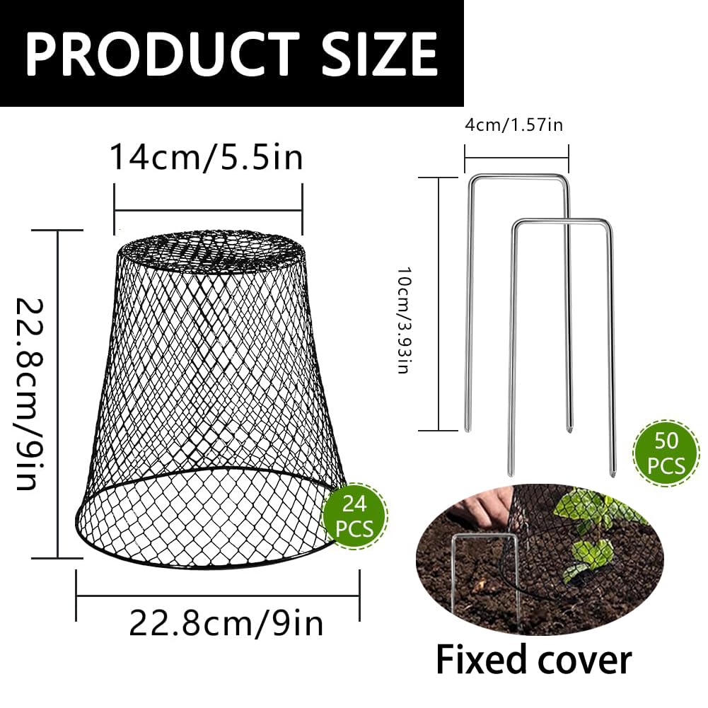 Airsnigi 24Pcs Chicken Wire Plant Cover,9x9 inch Garden Cloches Black Metal Chicken Wire Cloches Plant Protector Cover for Keeping Bunnies Rabbits Chickens Birds Squirrels Small Animals Out