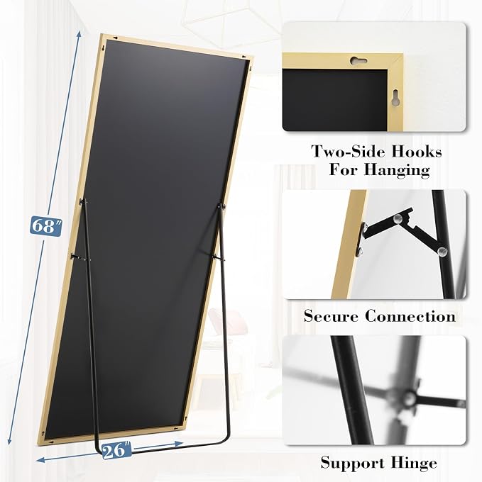NEWBULIG Mirror Full Length, 68"x26" Body Wall Mirrors with Shatter-Proof Glass, Upgraded Floor Standing Mirror, Hanging or Leaning, with Stand Aluminum Alloy Frame for Home Decor, Bedroom, Gold