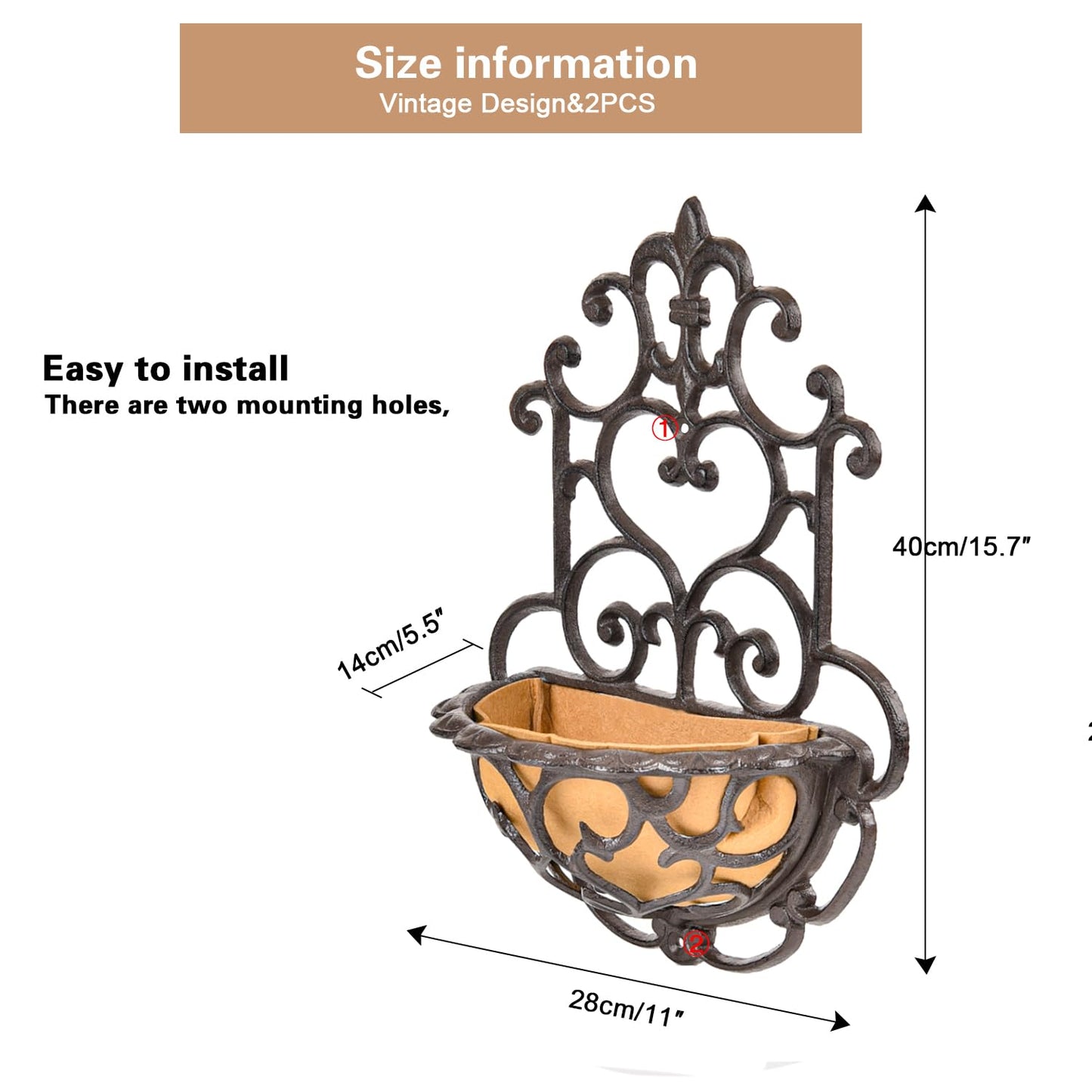 Sungmor 2 Pack Wall Hanging Planter Basket with Fabric Liner, Antique Victoria Style Cast Iron Wall Planter Holder, Outdoor Railing Fence Balcony Metal Hanging Basket Half Round Flower Pots