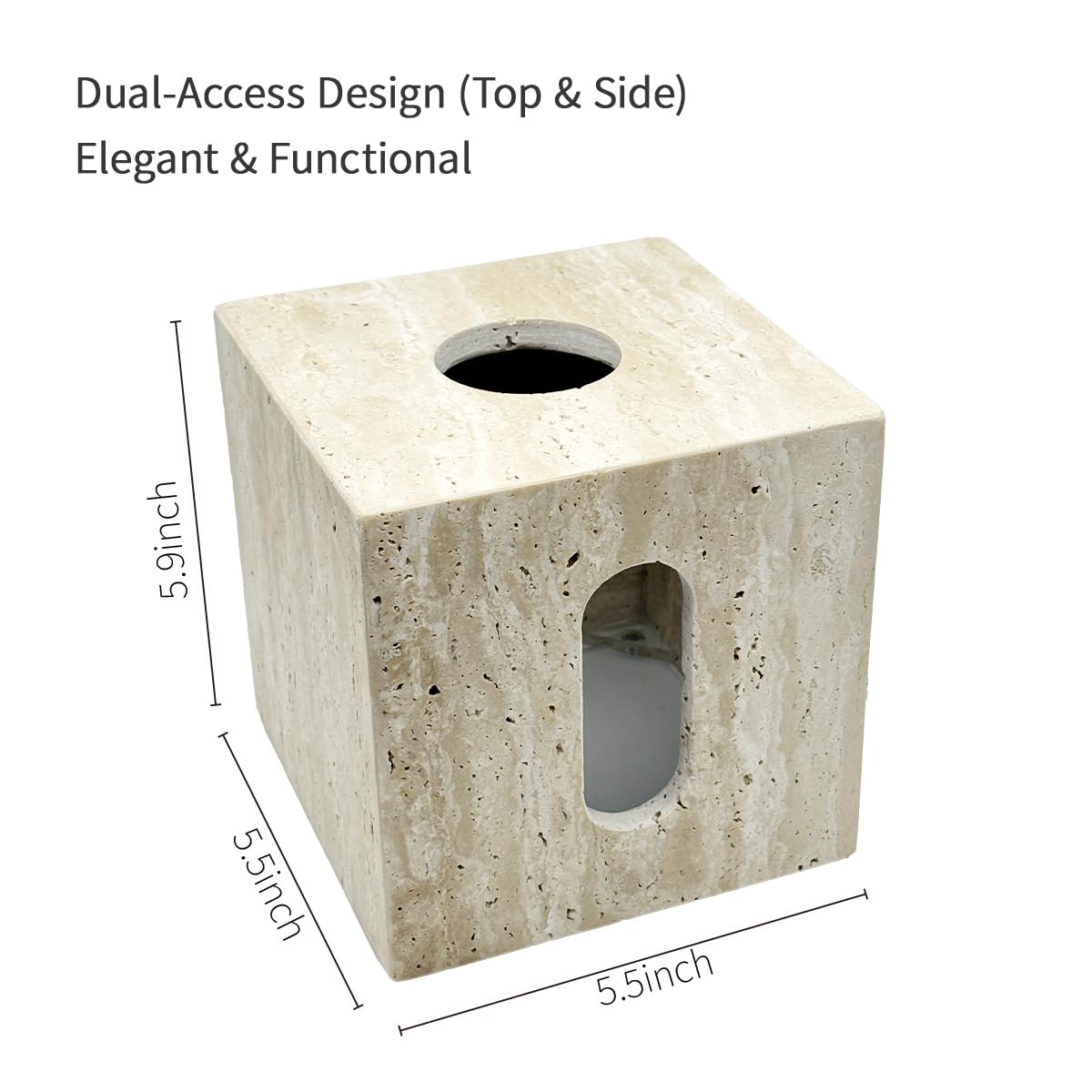 Natural Travertine Marble Tissue Box Cover – for Loose Facial Tissues and Toilet Paper roll, Square Cube Tissue Box Holder with Dual Access, Rustic Farmhouse Décor for Bathroom & Living Room