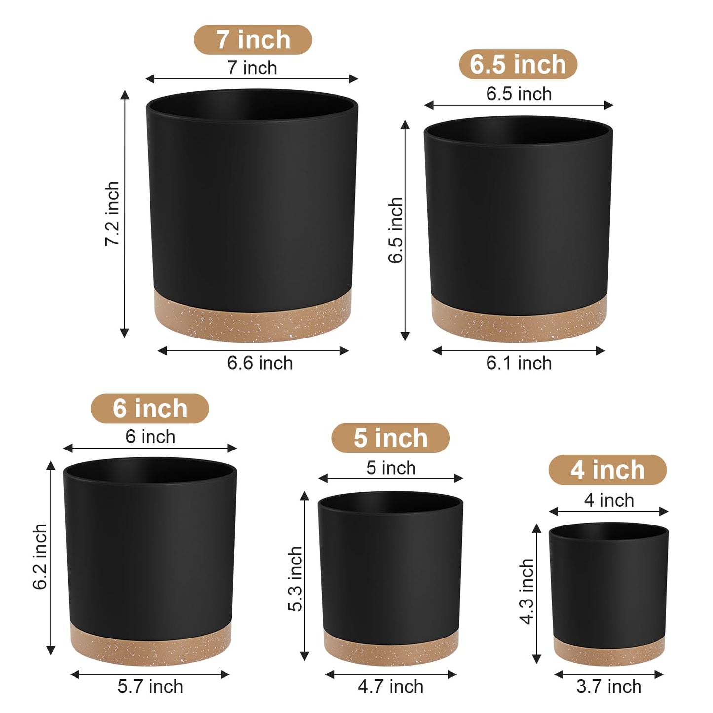 YNNICO Plant Pots with Drainage Holes and Saucers – 7, 6.5, 6, 5, 4 Inch Plastic Planters for Indoor Outdoor Plants, Modern Matte Finish, Lightweight & Durable（Black）