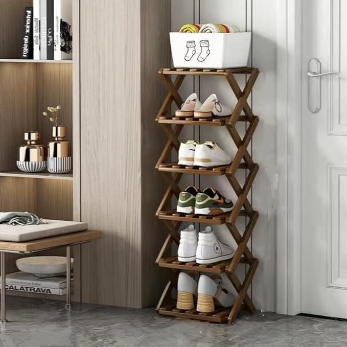 Foldable Shoe Rack, Bamboo Vertical Shoe Organizer Tall