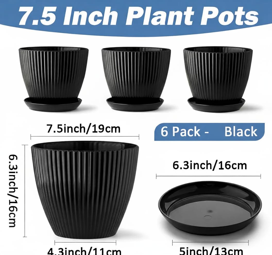 RooTrimmer 7.5 Inch Black Thickened Plastic Plant Pots with Saucers, 6-Pack Modern Seedling Planters for Indoor Outdoor Plants, Durable Heavy-Duty PP Material for Herbs Flowers Vegetables (＜8 inch)