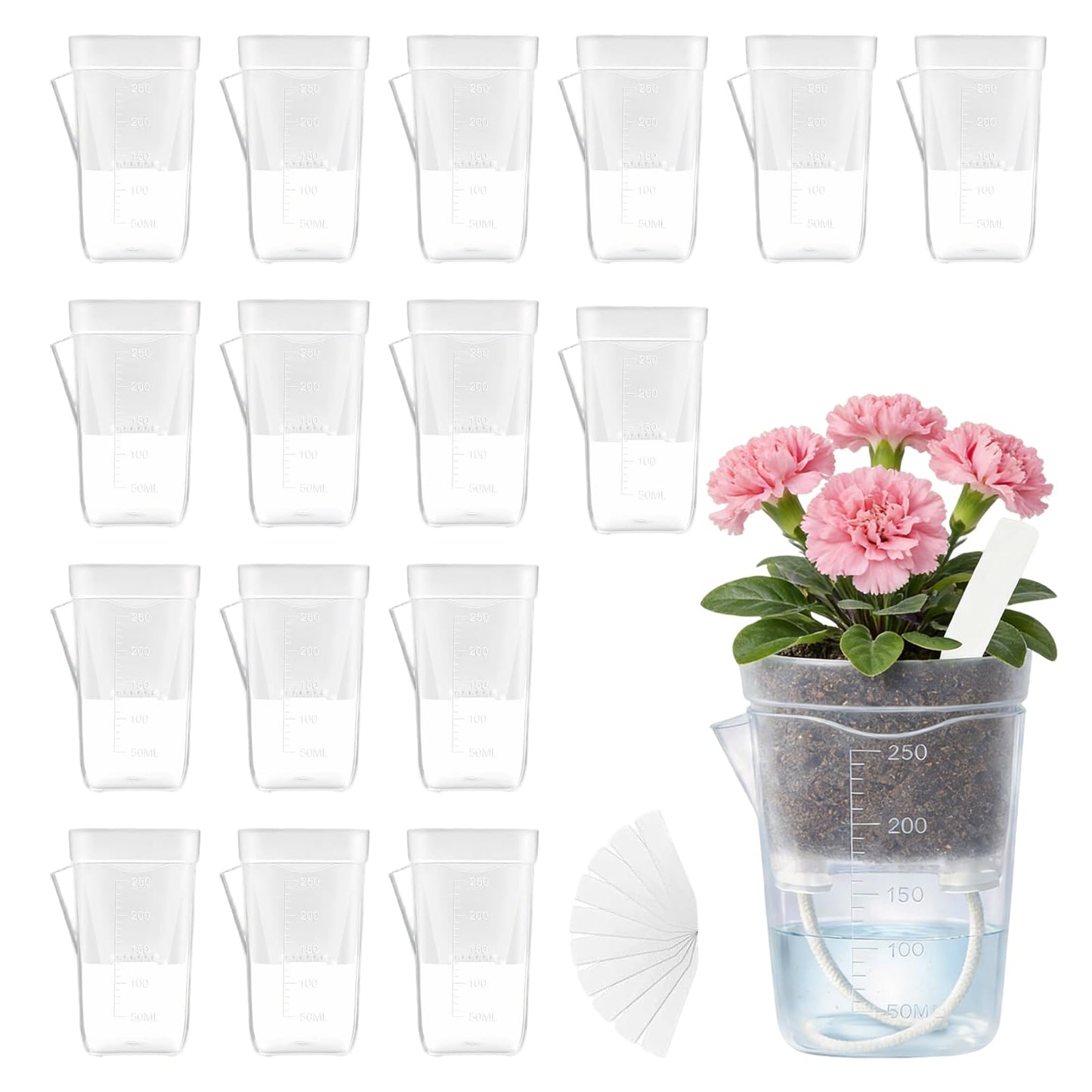 Shgxjjnb 16 Pack 2.5" Clear Self Watering Pots for Indoor Plants, Mini Clear Plastic Planters, with 16 Plant Label and Water Level and Drainage Holes for Seedlings, Cuttings, Succulents (Large)
