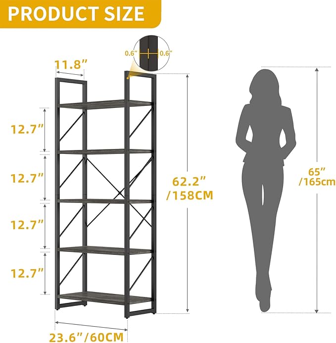 DWVO 5 Tier Bookshelf 2 Pack, Industrial Bookshelves Open Shelf Bookcase