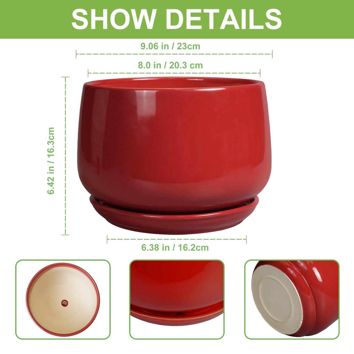 G EPGardening Ceramic Plant Pots - 9 Inch Flower pots for Indoor Outdoor Plant, Round Planter with Drainage and Saucer, Modern Home Decor, Gift for Women Men, Red
