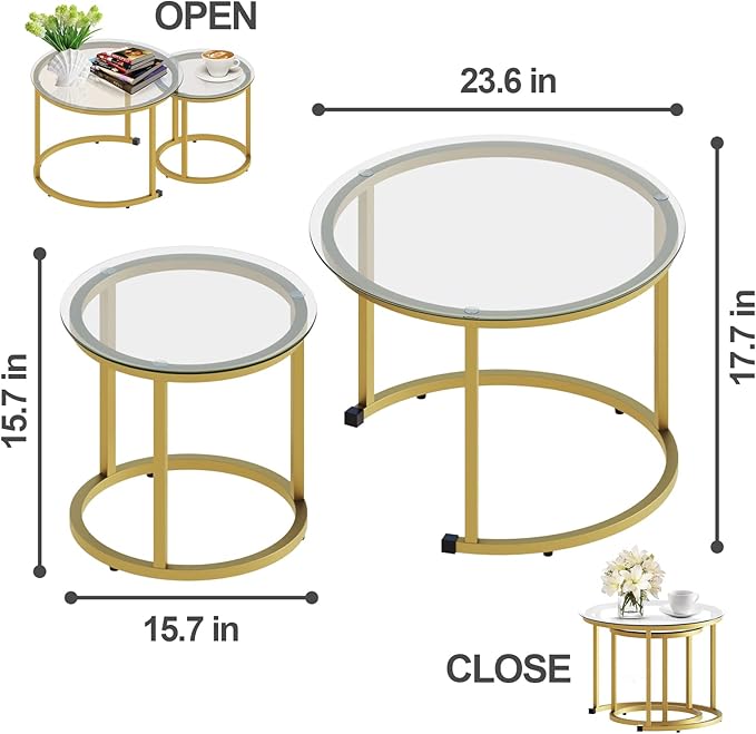 aboxoo Gold Nesting Coffee Table Set of 2, Small Glass Round Nesting Tables