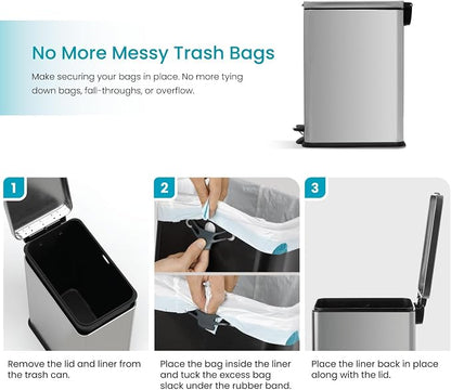 Home Zone Living 8 Gallon Kitchen Trash Can with Slim Fit Design | Stainless Steel with Soft-Close Step Pedal Lid, Bag Tuck Band for Easier Bag Changes, Rectangular Shape, Silver