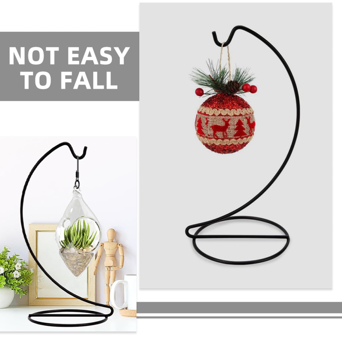HOMSFOU 3pcs Small Hanging Hook Stand for Glass Globe Terrarium, Black Metal Ornament Display Rack for Tabletop Plant Holder and Craft Decoration