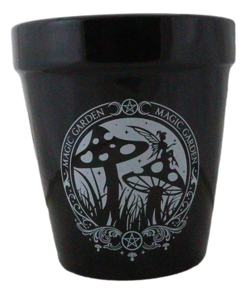 Ebros Gift Wicca Witchcraft Gothic Magic Black Ceramic Planter Pot Floral Container Alchemy Occult Potter Flowerpot Green Thumb Gardening Home Accent (Magic Garden Fairy Mushrooms Triple Moon)