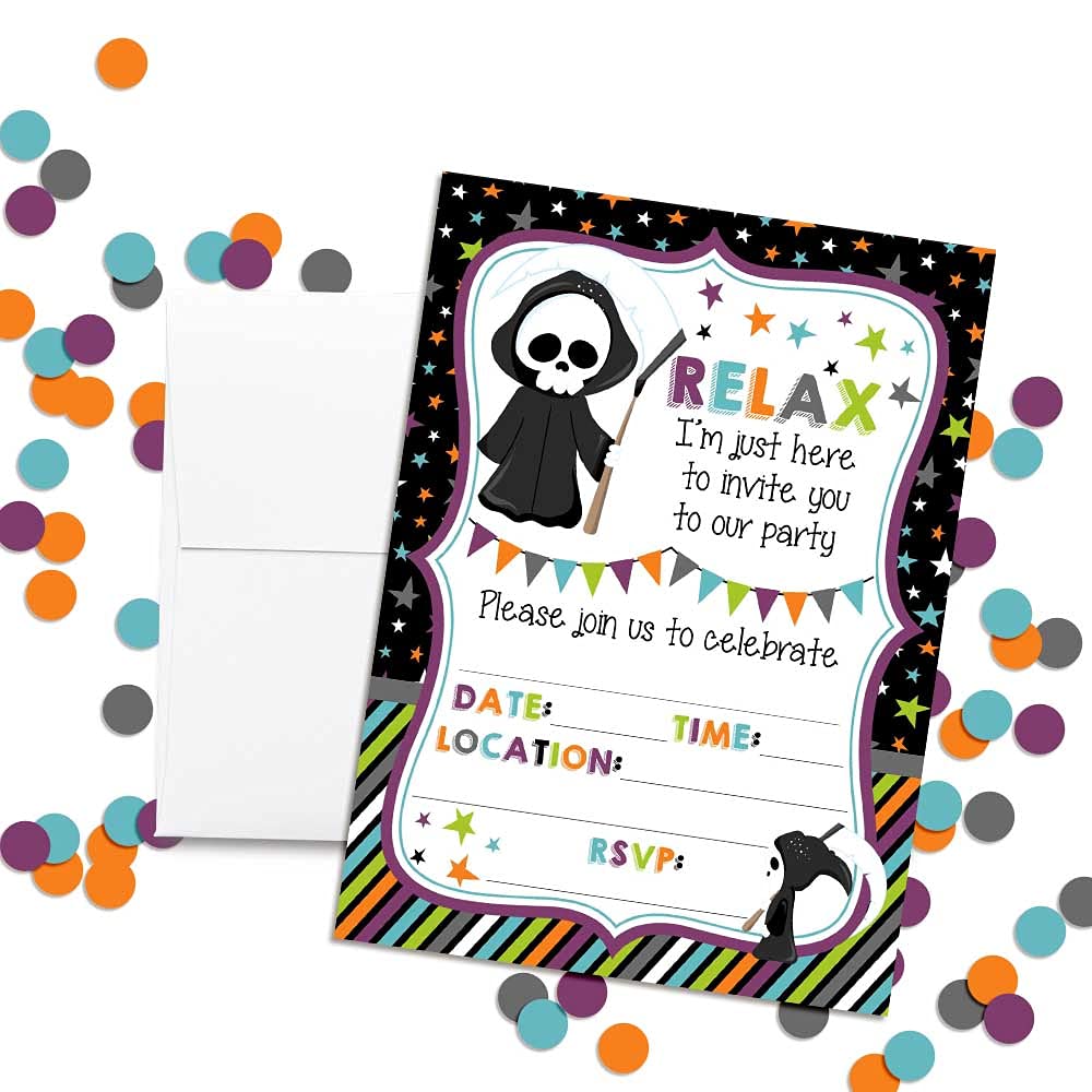 Relax! Funny Grim Reaper Themed Halloween Party Invitations, 20 5x7 Fill In Cards with Twenty White Envelopes by AmandaCreation