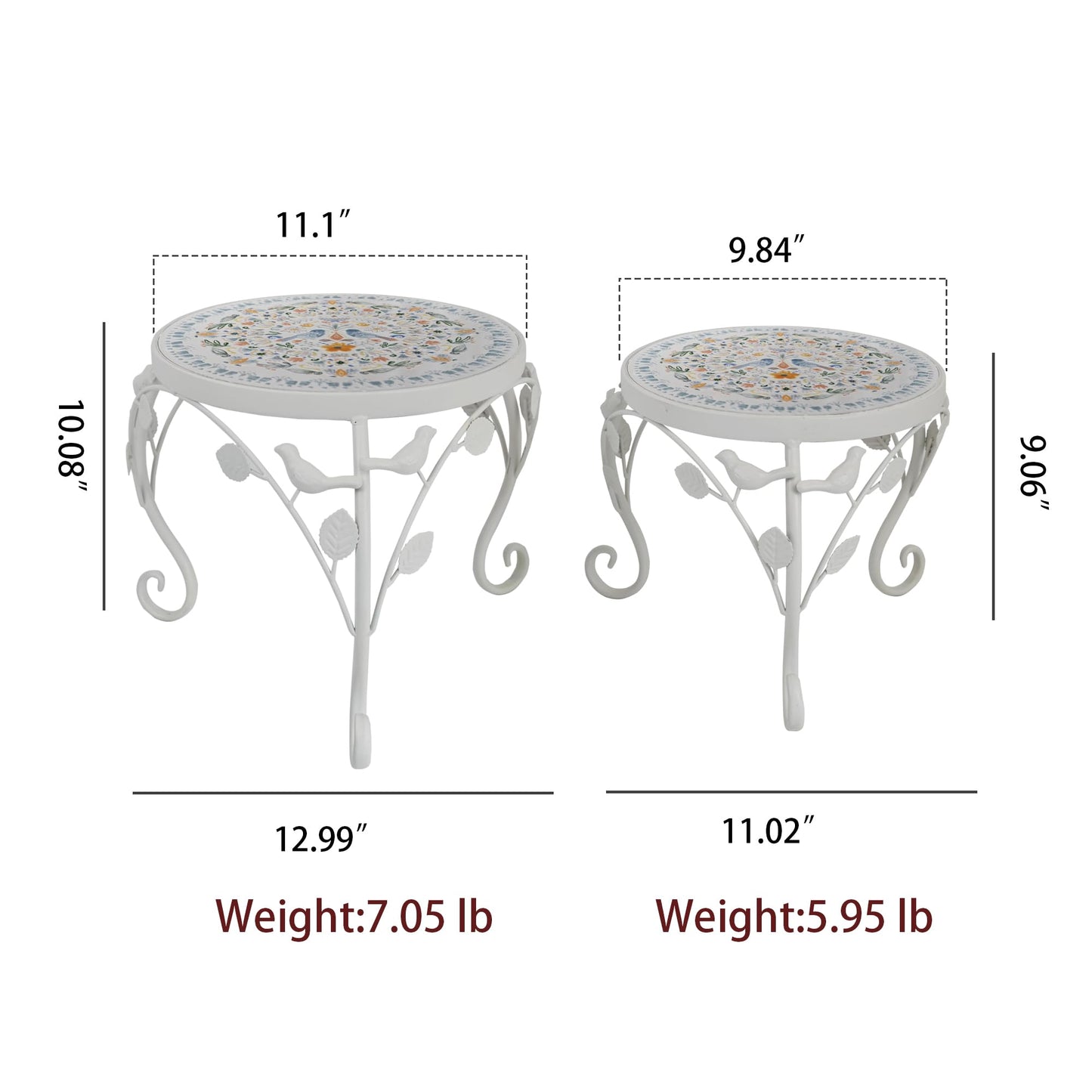 Rustic Metal Plant Stand Set of 2 Indoor & Outdoor Round Ceramic Top Mosaic Planter Pot Stand Low Heavy Duty Flower Holder Rack for Garden Patio Living Room Farmhouse Accessory Decor Gift White Flower Bird