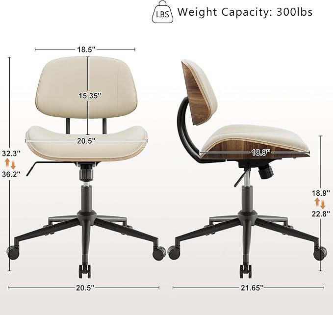 Armless Office Chair with Wheels, PU Leather Adjustable Height Desk Chair