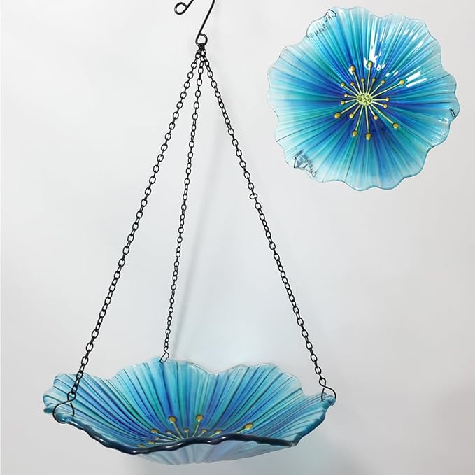 HONGLAND Bird Baths for Outdoors, Glass Birdbaths Outdoor Birdfeeder with Metal Stake (Light Blue with Hanging)