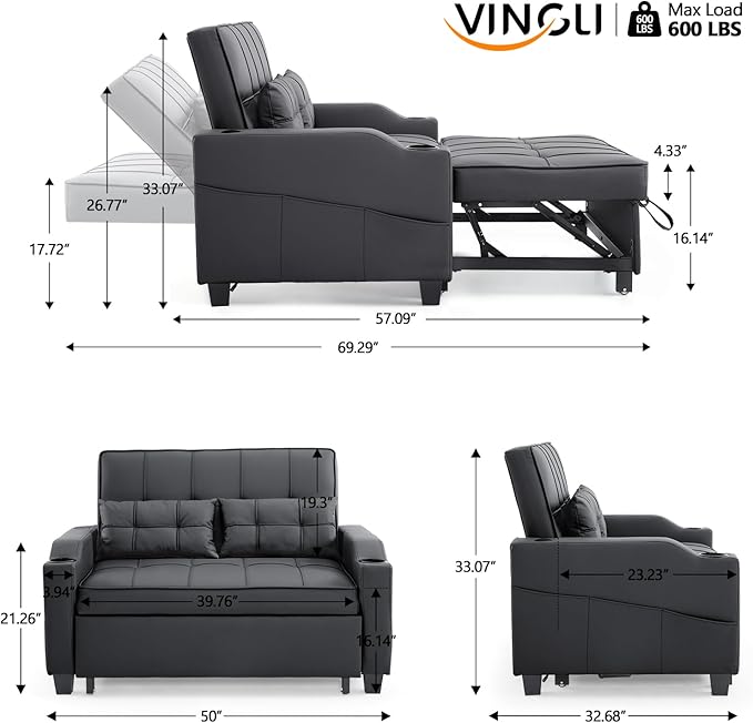 VINGLI Black Futon Sofa Bed Convertible Loveseat Sleeper Couch, Faux Leather