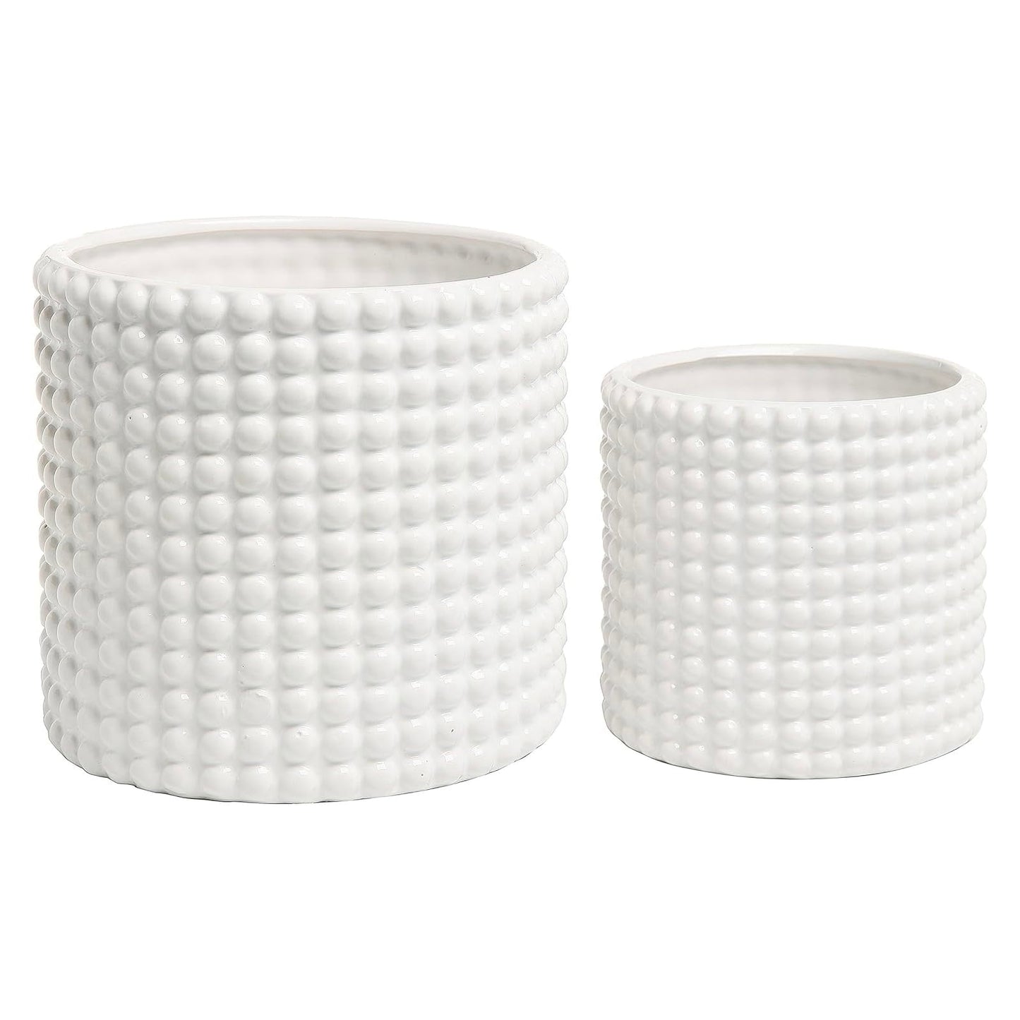 MyGift 6 Inch Ceramic Round Planter Pot, Set of 2 Vintage-Style White Ceramic Flower Pots, Indoor Hobnail Textured Cylindrical Succulent Plant Containers