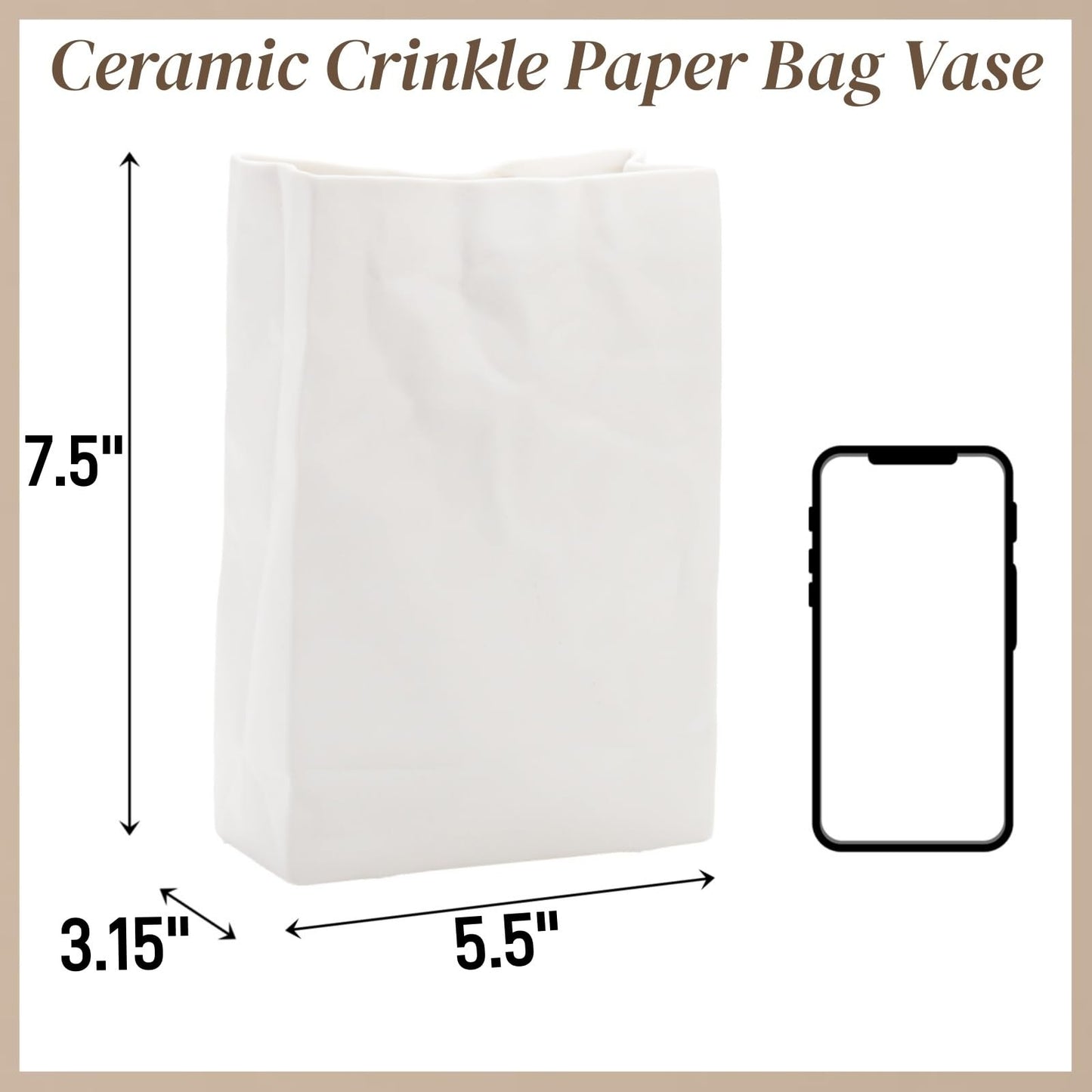 Pumtus Crinkle Paper Bag Ceramic Vase, 7.5 Inch Unique Flower Vase, White Matte Square Wide Mouth Pleated Planter, Minimalist Boho Pot for Flower Arrangement Table Centerpiece Home Office Decor