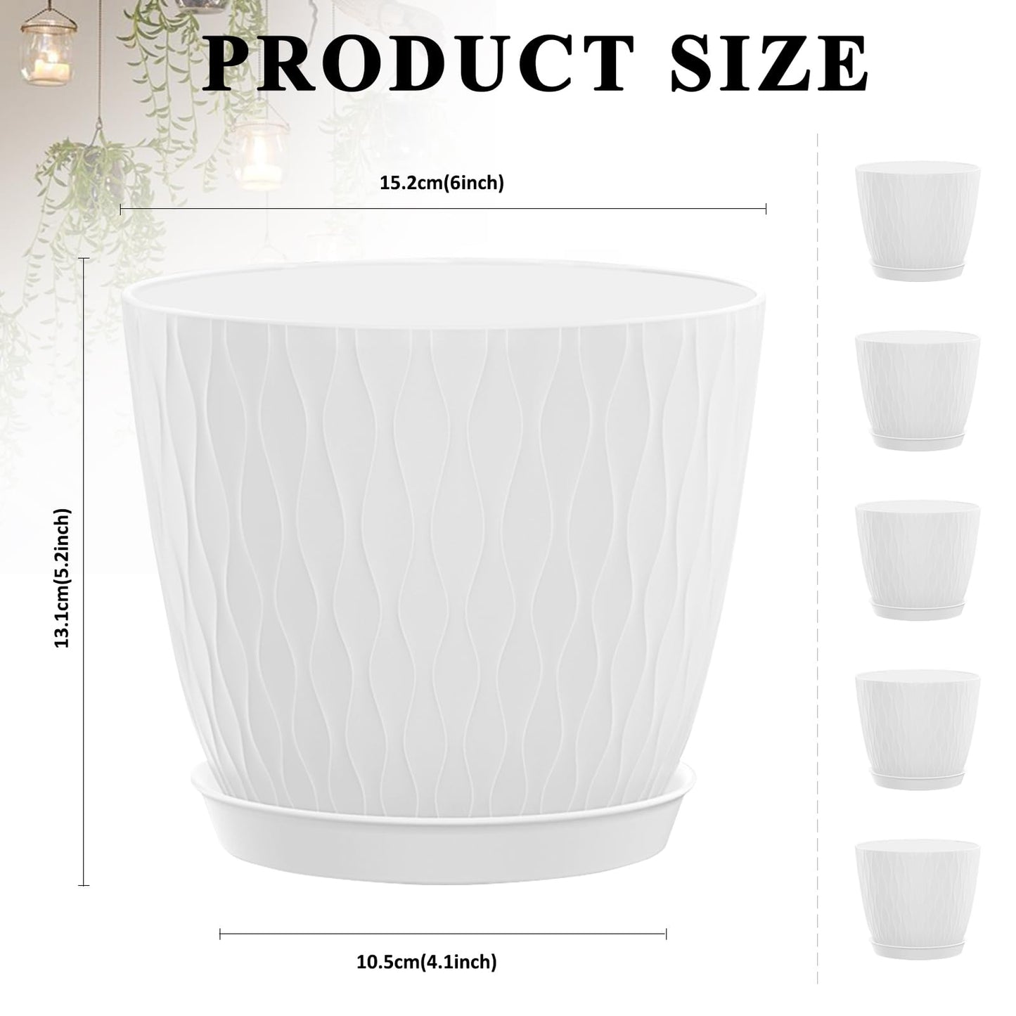 KAHEAUM 5 Pack 6 inch Planters for Outdoor Plants Indoor Plant Pots with Drainage Holes and Saucers, Modern Plastic Flower Pots for Plants Succulent Holiday Office House Home Decor Garden Pots White