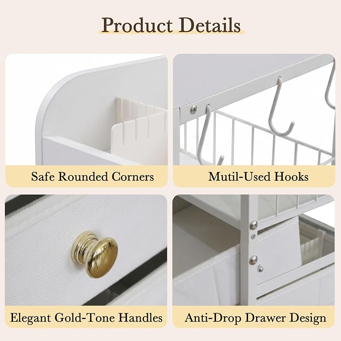 Makeup Organizer Cart with Drawers & 8 Dividers, Rolling Beauty Cart with Hooks for Cosmetics & Skincare, Space Saving Vanity Storage for Bathroom, Bedroom & Small Spaces (White)
