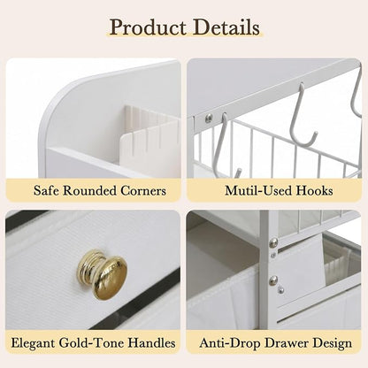 Makeup Organizer Cart with Drawers & 8 Dividers, Rolling Beauty Cart with Hooks for Cosmetics & Skincare, Space Saving Vanity Storage for Bathroom, Bedroom & Small Spaces (White)