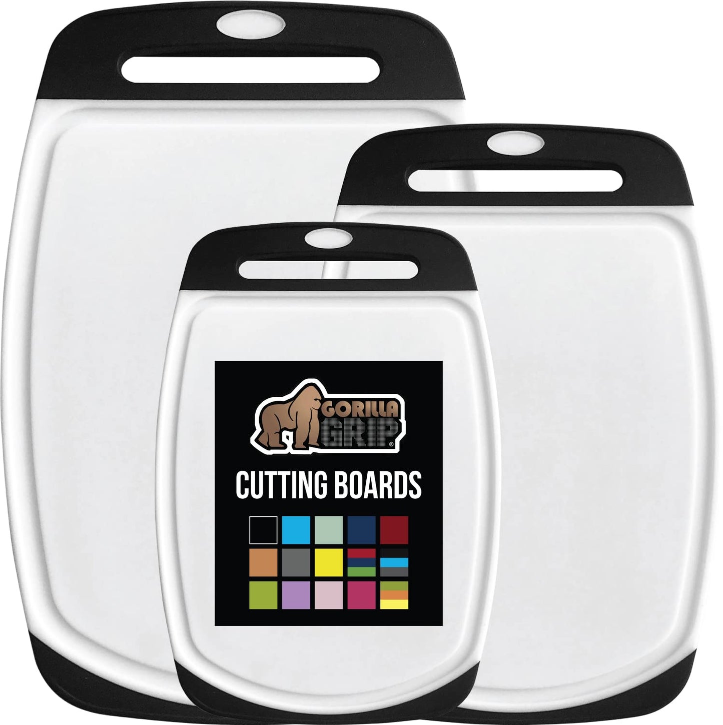 GORILLA GRIP BPA-Free Reversible Kitchen Cutting Board Set of 3, US Designed, Nonporous, Juice Grooves Catch Liquid, Slip Resistant Border, Dishwasher Safe, Durable Large Food Chopping Boards, Black