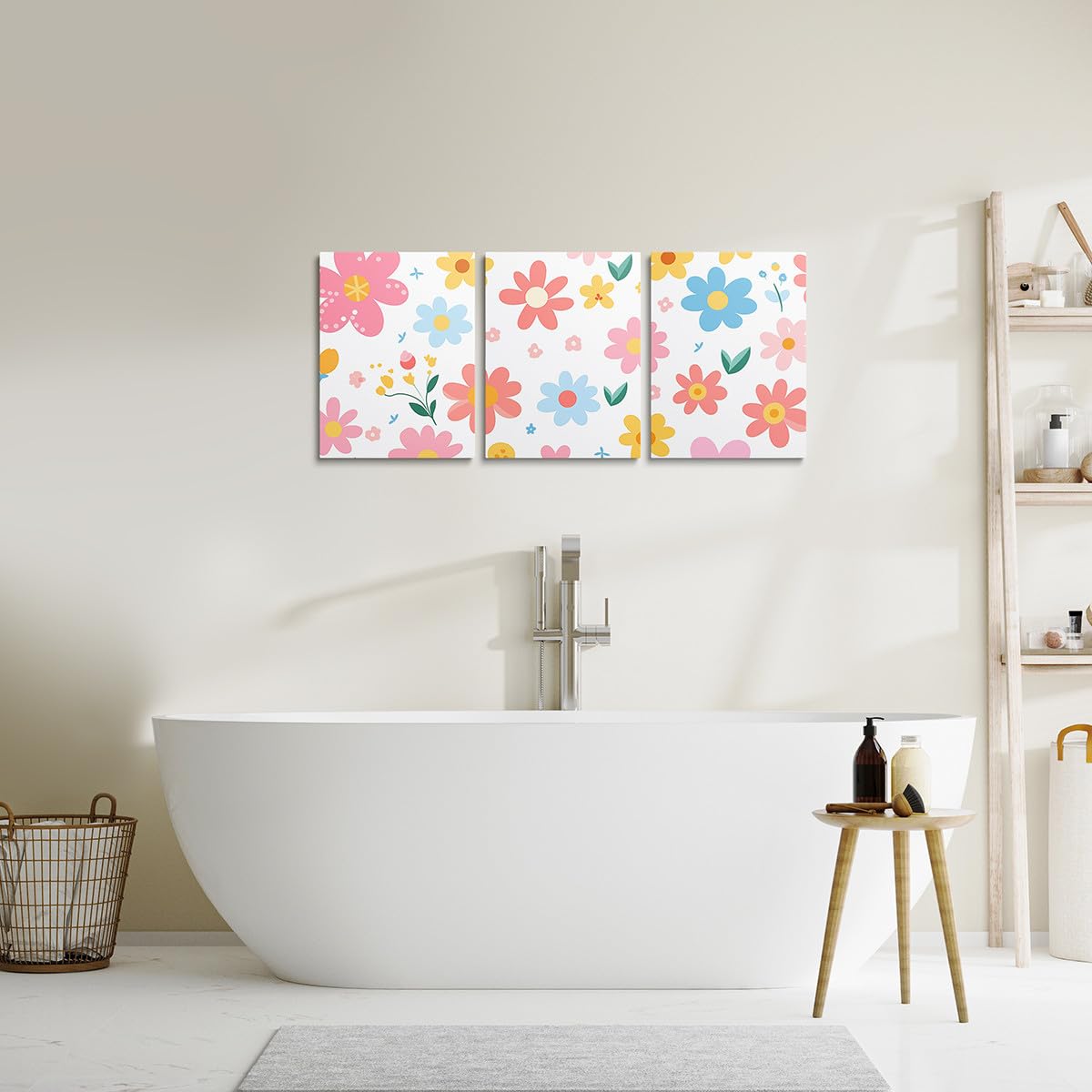 Feelyou Cute Flower 3 Piece Canvas Wall Art for Living Room Bedroom Cartoon Cute Floral Office Decor Artwork Yellow Pink Wall Art for Home Decor Kawaii Picture Posters