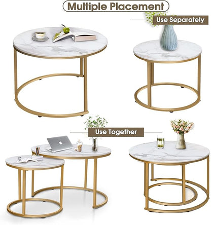 Garden 4 you Nesting Coffee Table Faux White Marble for Small Place 2 Sets Modern Furniture Living Room Sets End Side Table Night Stand for Bed Room Dining Room