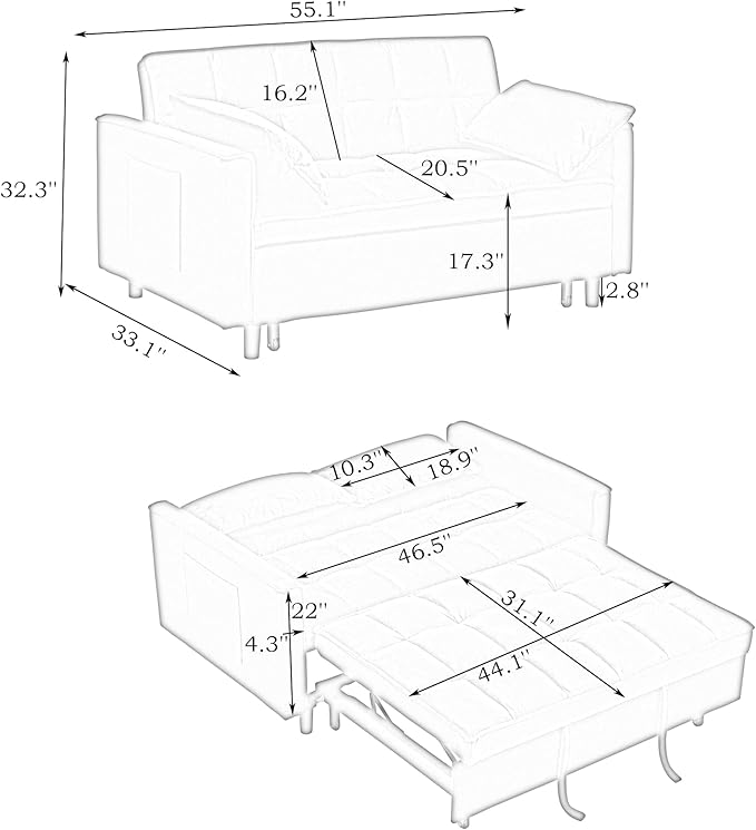 3 in 1 Convertible Sofa Bed, Loveseat Sleeper Sofa
