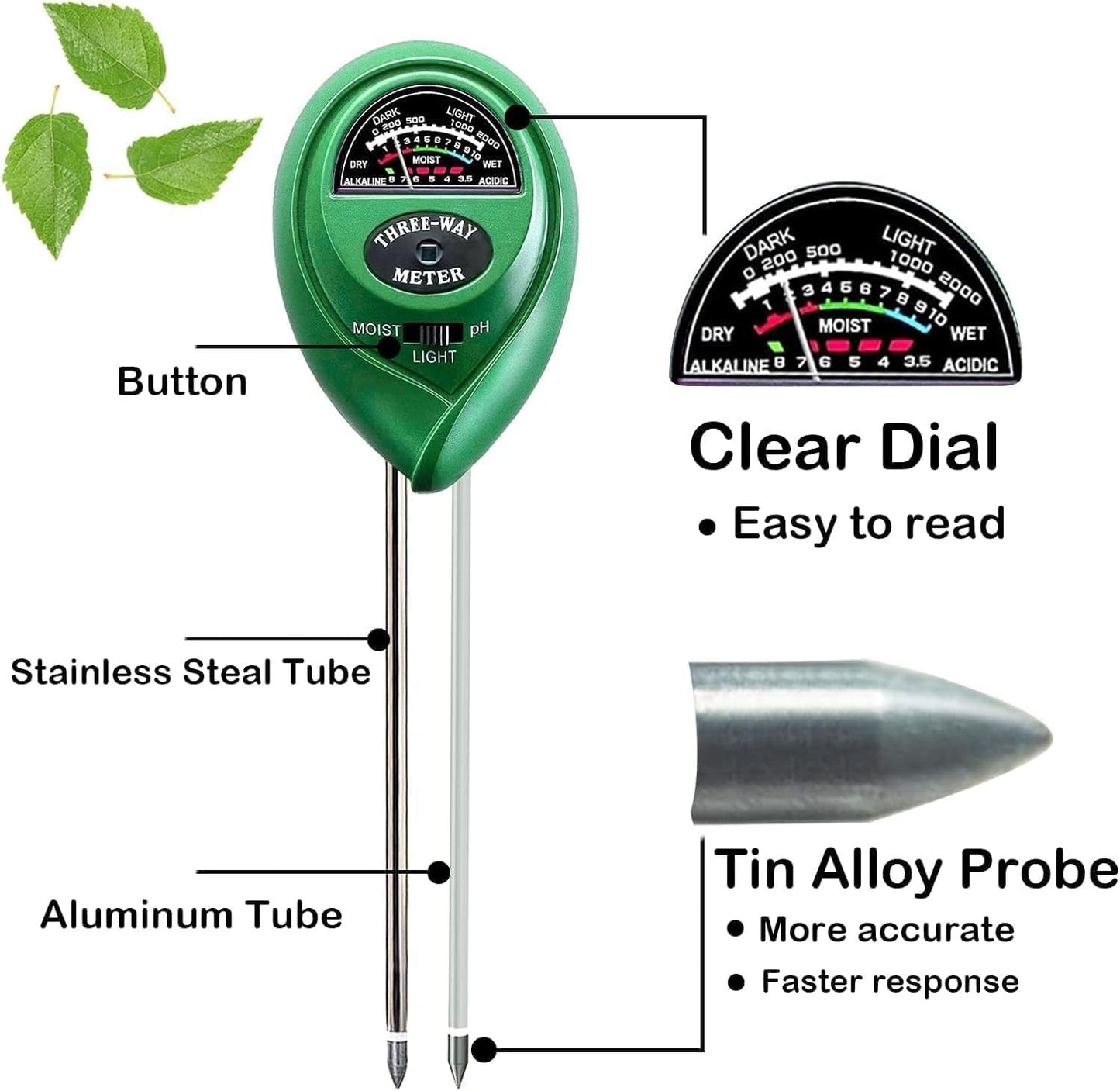 Suplong 3-in-1 Soil Moisture Meter, Upgraded Stainless Steel Probe Soil pH/Light/Moisture Meter for Plants, Soil Tester for Garden, Farm, Lawn, Indoor & Outdoor (No Battery Needed)