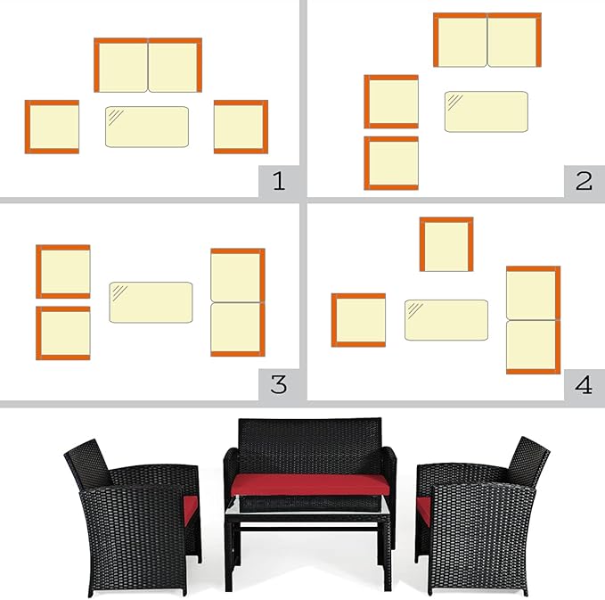 Tangkula Patio Wicker Conversation Furniture Set, Patiojoy Sofa & Table Set w/4